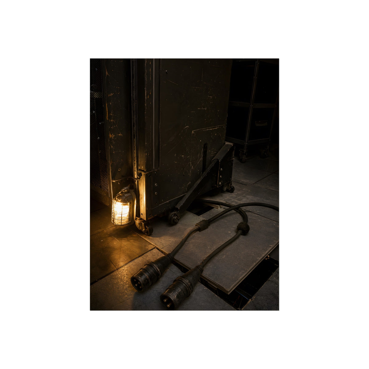 Two thick power cables unplugged on the floor beside a caged work lamp. The Redundant Power by Garabaggio, fine art print, 12″ x 16″.