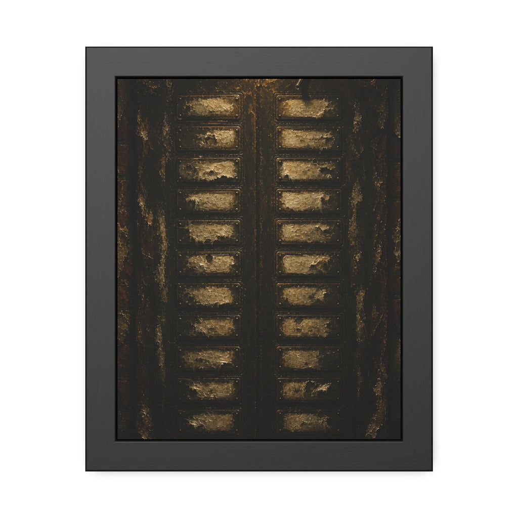 An apartment intercom panel with blank nameplates, lit from above. The Labels Removed by Garabaggio, framed fine art print, 11″ x 14″.
