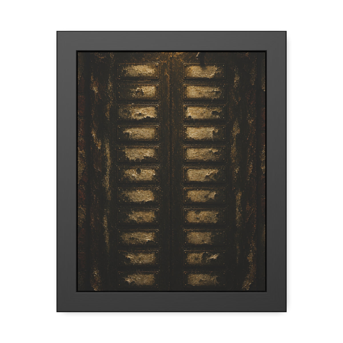 An apartment intercom panel with blank nameplates, lit from above. The Labels Removed by Garabaggio, framed fine art print, 11″ x 14″.