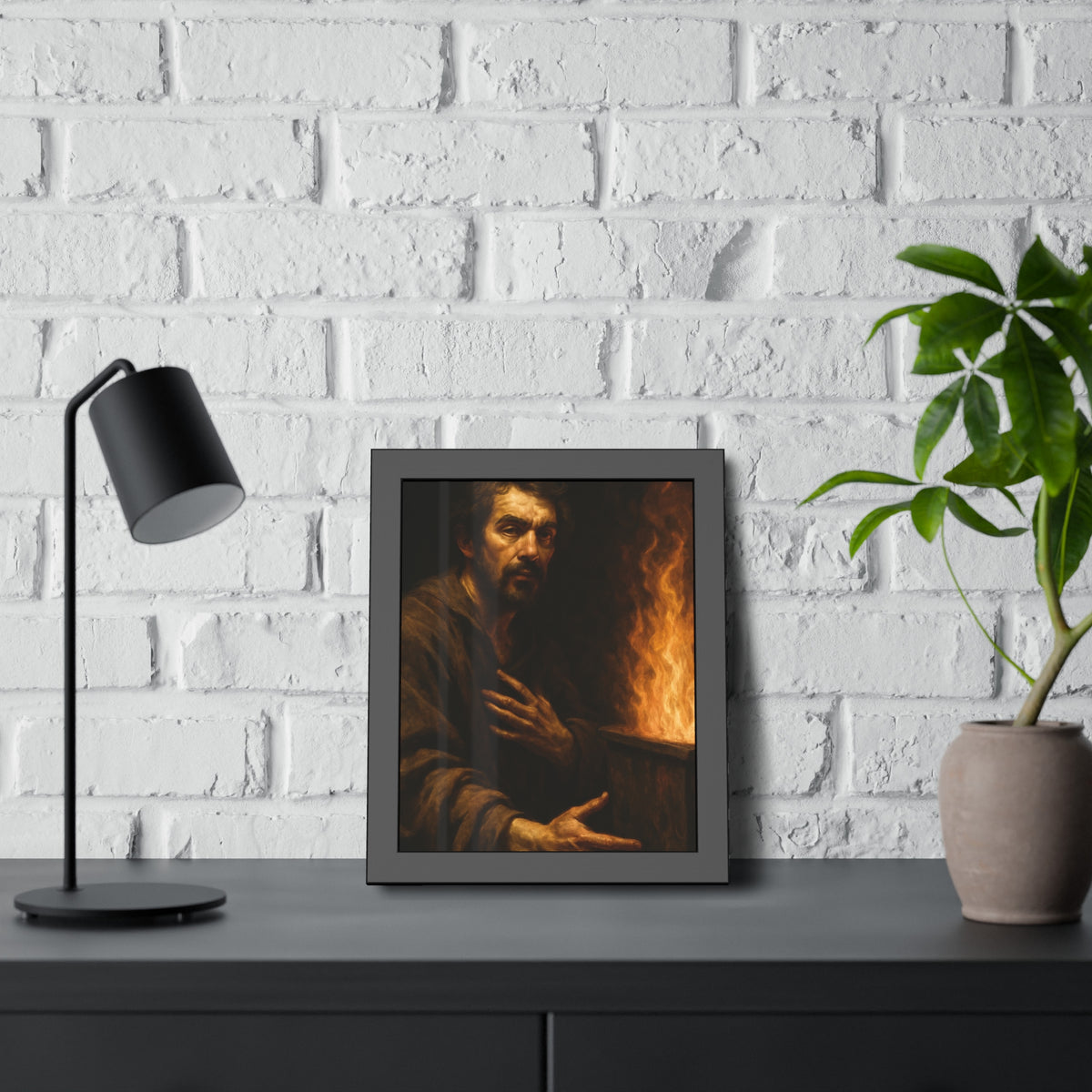 Bearded man with a hand on his chest beside flames rising from a bin. Self-Portrait as a Penitent by Garabaggio, framed fine art print hanging in a room.
