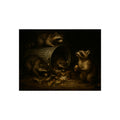 Four raccoons around a toppled metal trash can in the dark. The Last Bite by Garabaggio, fine art print, 16″ x 12″.