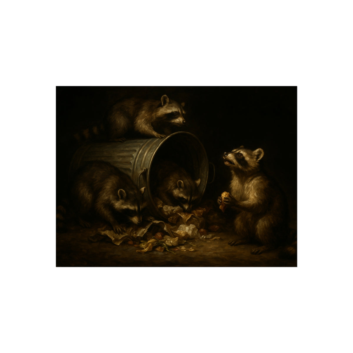 Four raccoons around a toppled metal trash can in the dark. The Last Bite by Garabaggio, fine art print, 16″ x 12″.