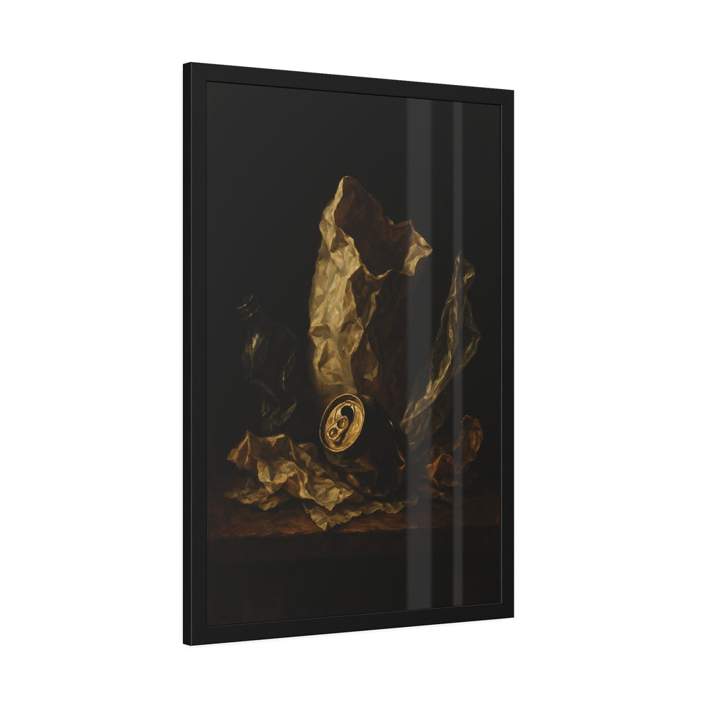 A crushed paper bag, dented can and flattened bottle on a dark table. Vanitas with Crumpled Bag by Garabaggio, framed fine art print hanging in a room.
