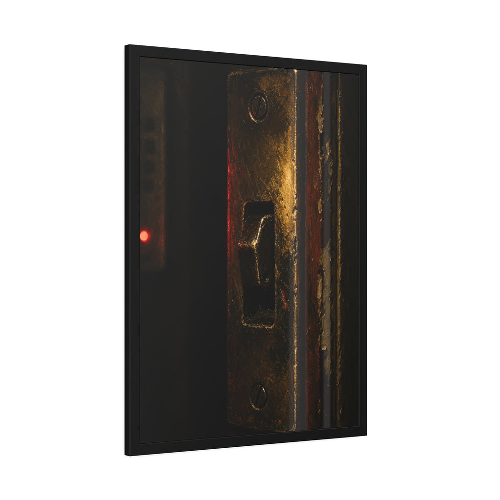 A brass door latch beside an intercom with a small red light. The Door Does Not Release by Garabaggio, framed fine art print hanging in a room.
