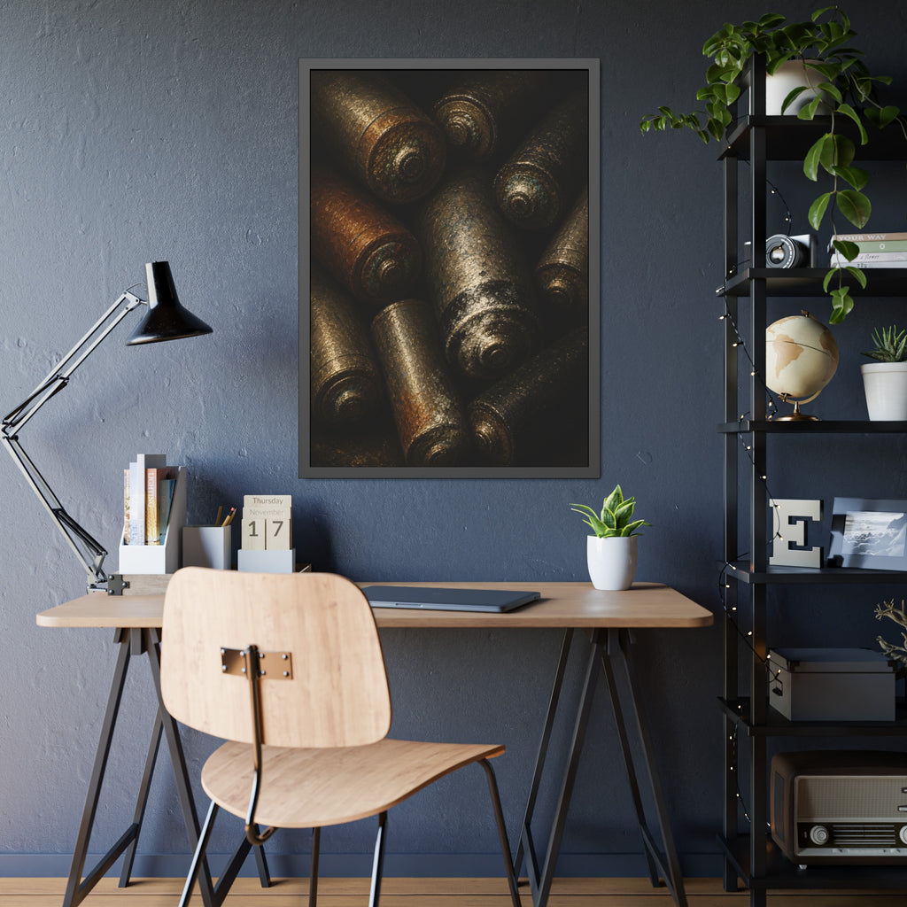 Heap of corroded batteries filling the frame in dim raking light. Chorus of Corrosion by Garabaggio, framed fine art print hanging in a room.