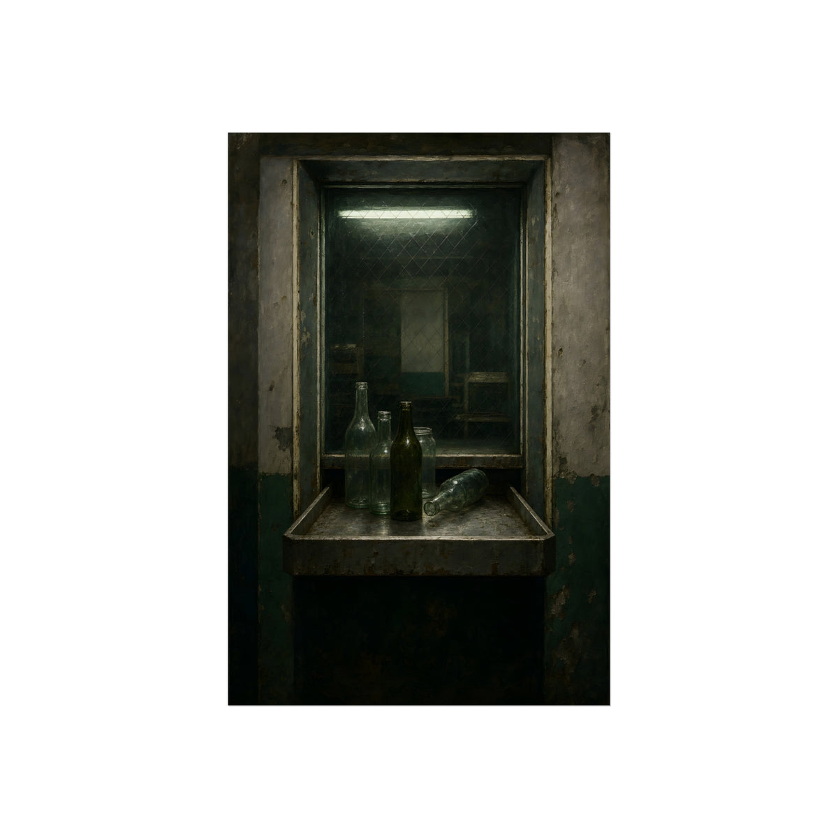 Empty glass bottles on a metal tray at a service window under a fluorescent tube. The Counting Window by Garabaggio, fine art print, 24″ x 36″.