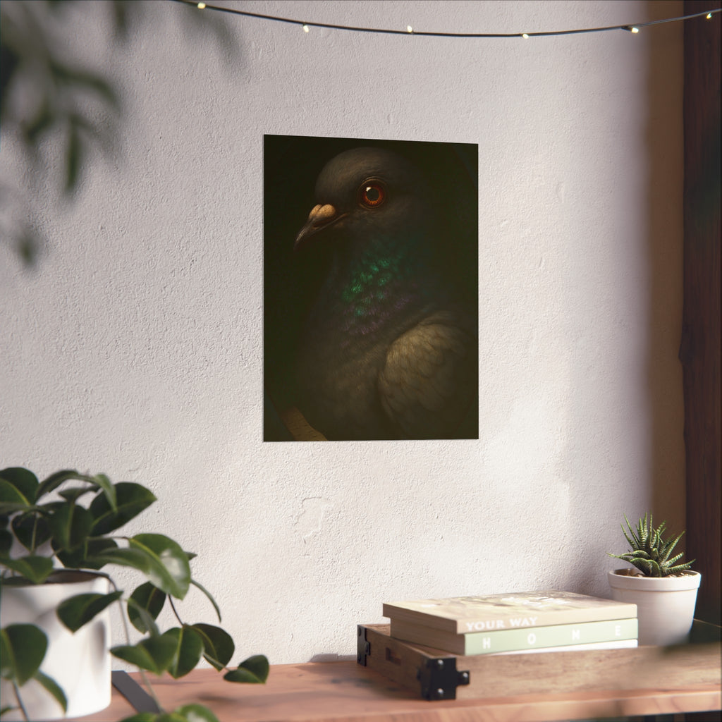Close portrait of a pigeon with an iridescent green throat. Study of the Holy Messenger, No. 1 by Garabaggio, fine art print hanging in a room.