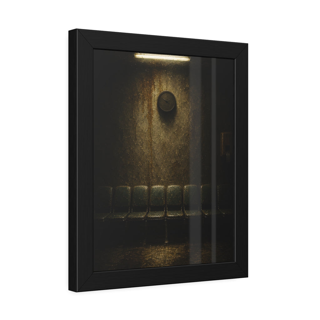Empty waiting room seats below a stained wall clock and a strip light. Afternoon Without Movement by Garabaggio, framed fine art print hanging in a room.