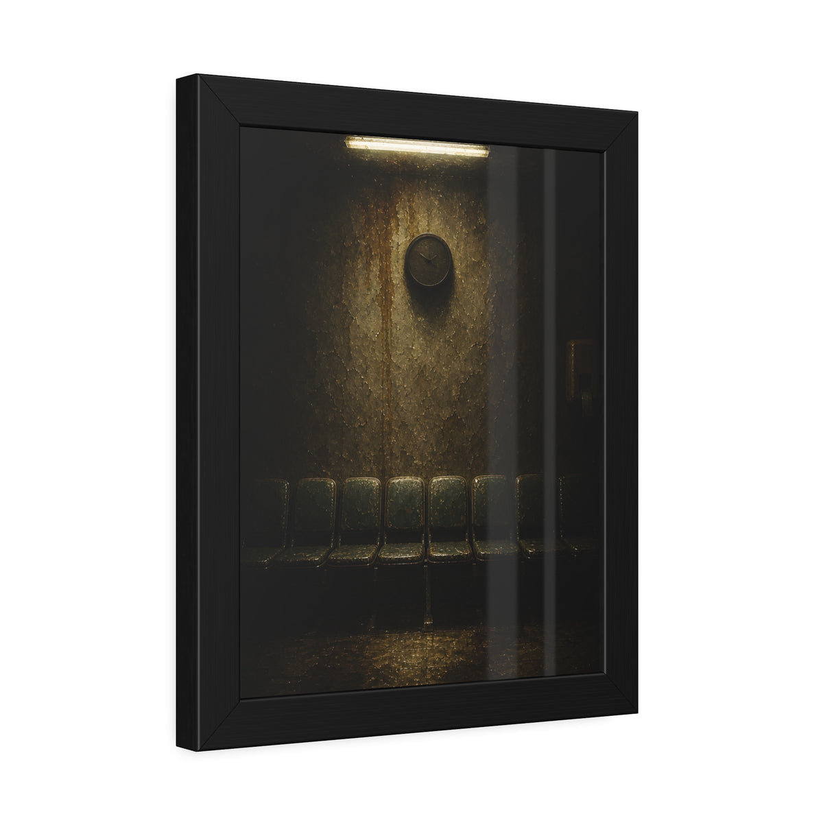 Empty waiting room seats below a stained wall clock and a strip light. Afternoon Without Movement by Garabaggio, framed fine art print hanging in a room.