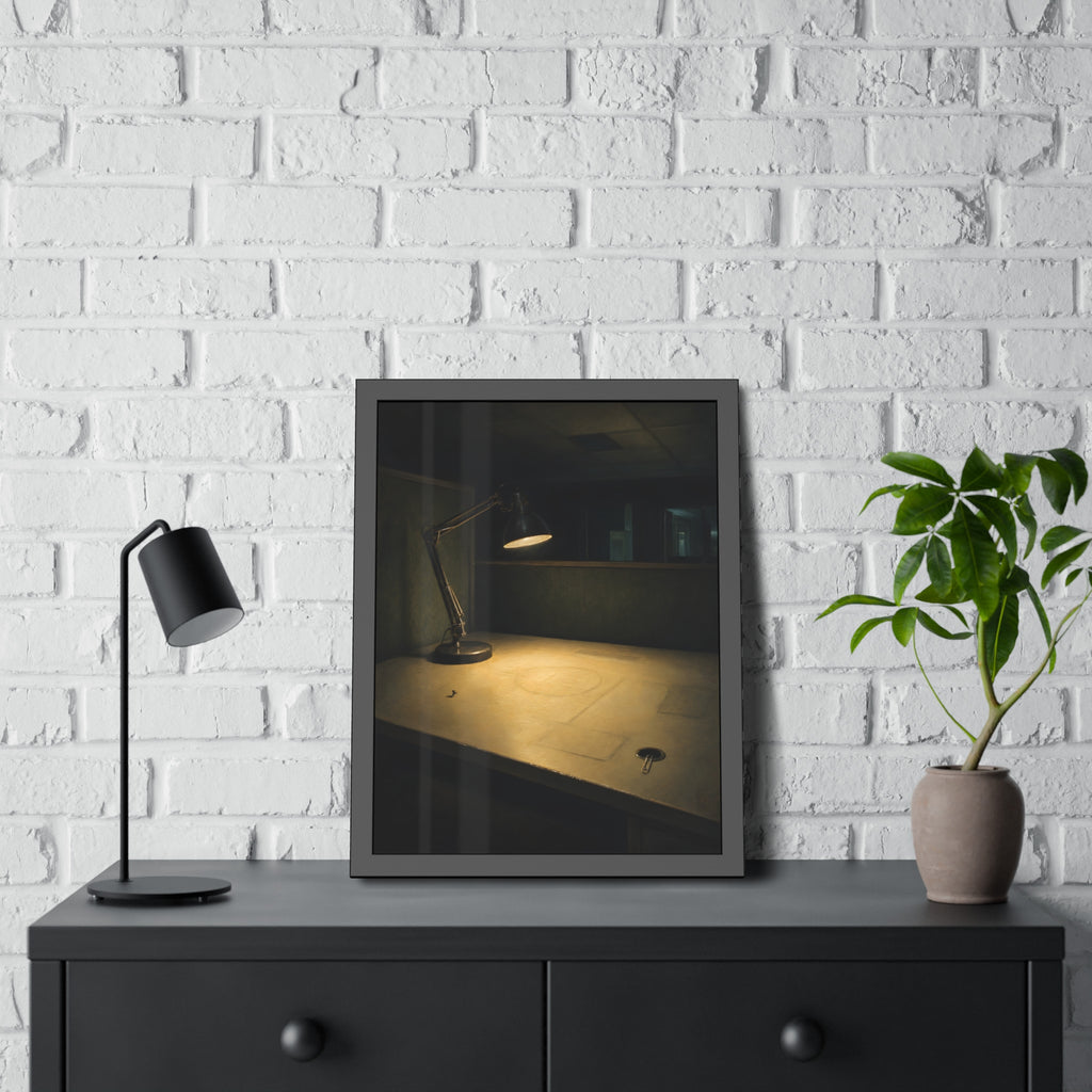 A lit desk lamp on an emptied office desk at night. The Desk Lamp Still Warm by Garabaggio, framed fine art print hanging in a room.