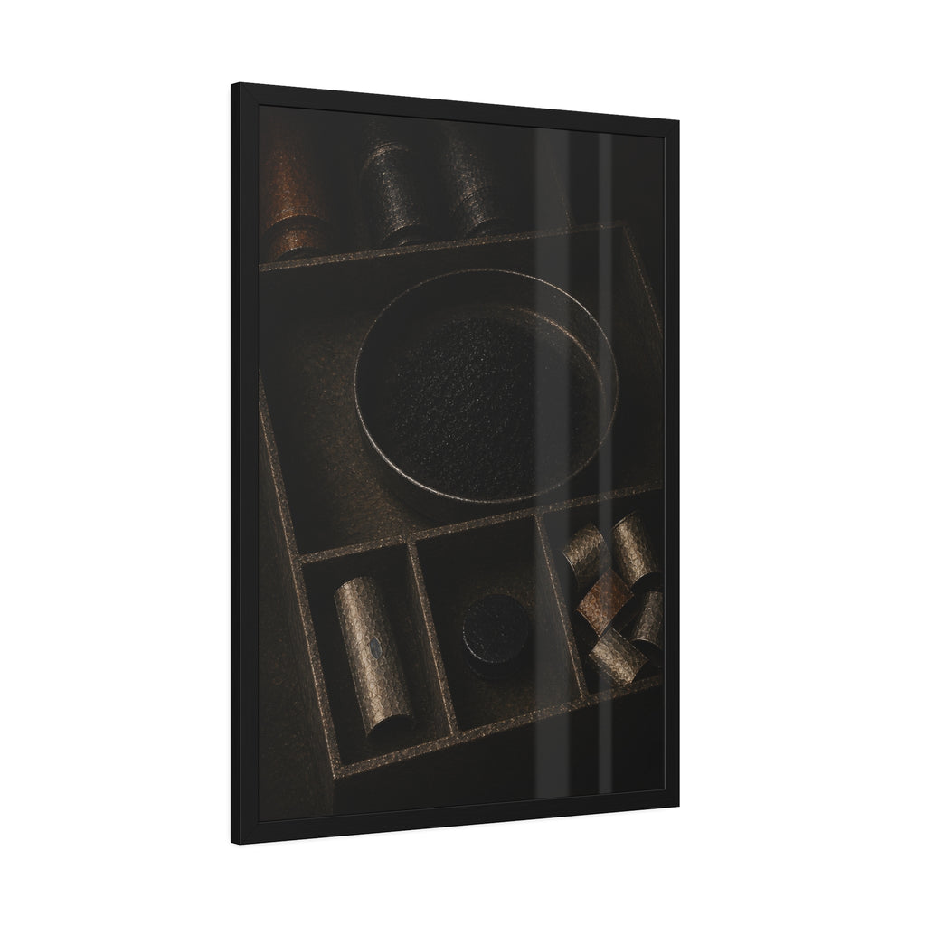 Battery casings and black powder sorted into the trays of a dim box. The Black Recovery by Garabaggio, framed fine art print hanging in a room.