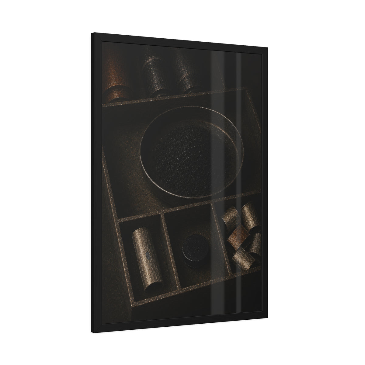 Battery casings and black powder sorted into the trays of a dim box. The Black Recovery by Garabaggio, framed fine art print hanging in a room.