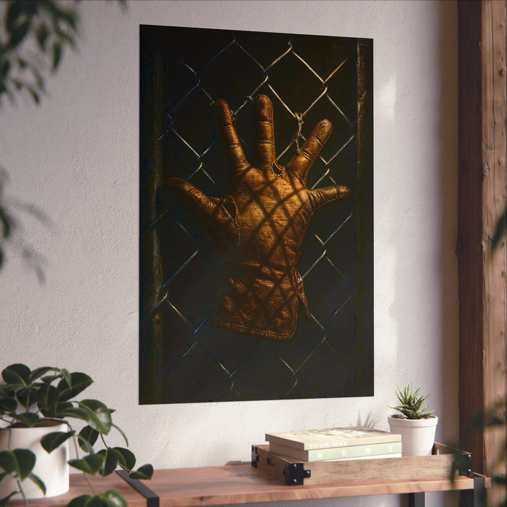 A worn leather glove caught fingers up on a dark chain-link fence. The Crucifixion on Chain-Link by Garabaggio, fine art print hanging in a room.