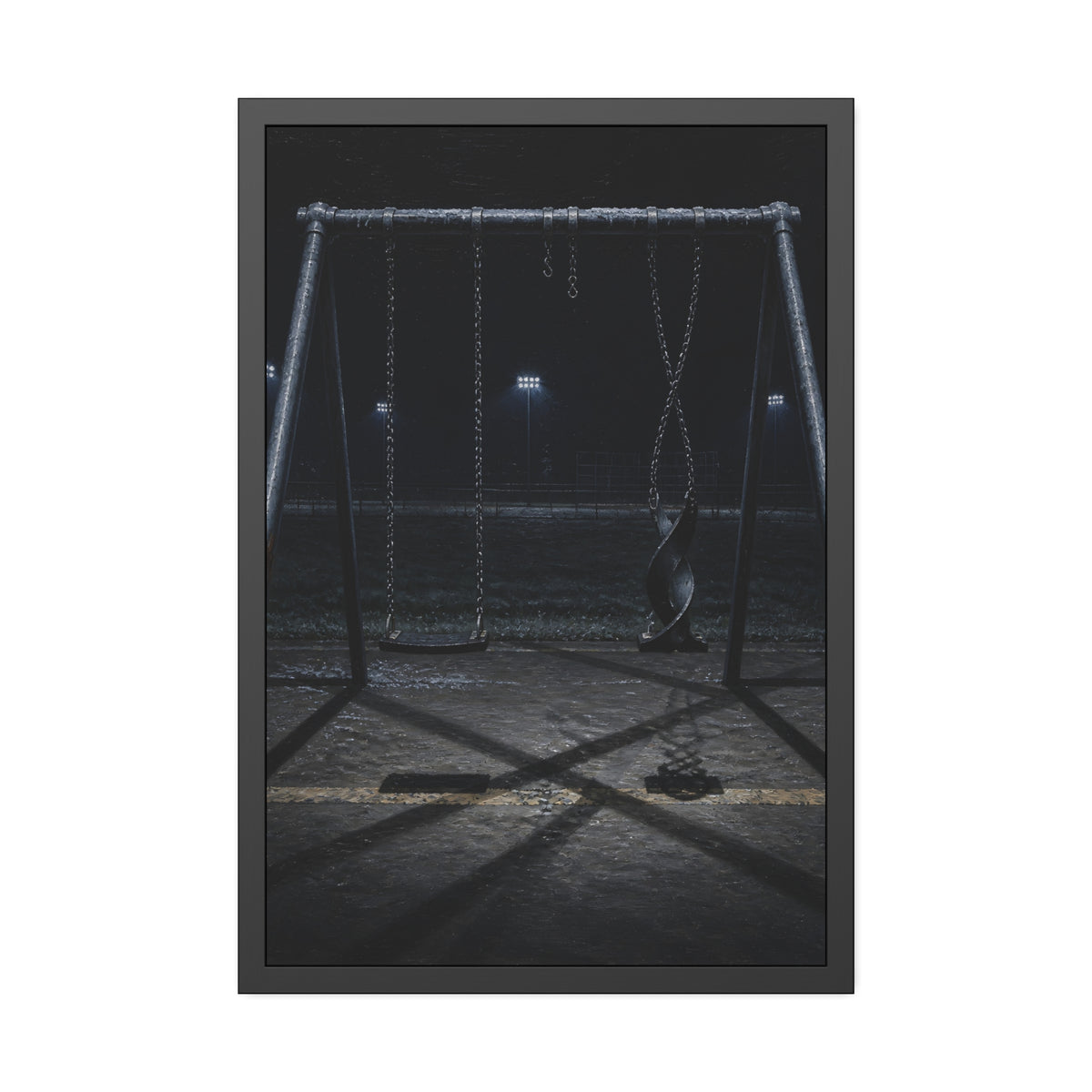 An empty swing set at night with one seat twisted up on its chains. The First Hour: The Twisted Seat by Garabaggio, framed fine art print, 24″ x 36″.