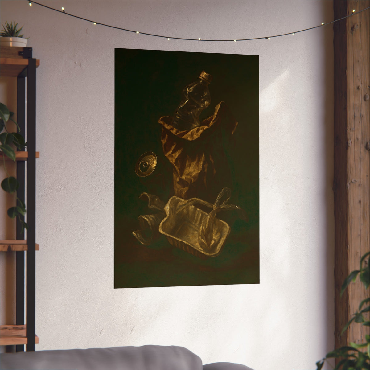 A paper bag, crushed bottle and foil tray lit against deep darkness. Reliquary of the Takeout by Garabaggio, fine art print hanging in a room.