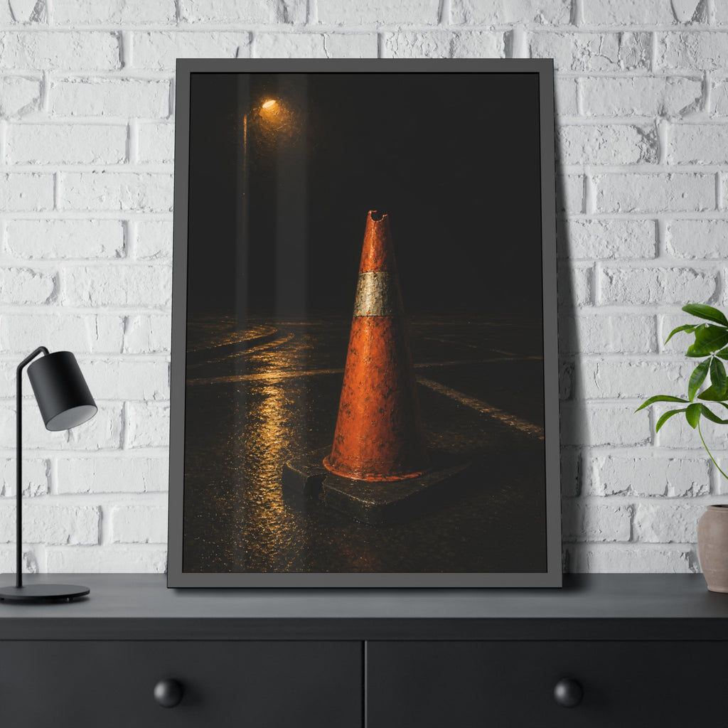 A battered orange traffic cone on wet asphalt under a street lamp. The Warning Without Danger by Garabaggio, framed fine art print hanging in a room.