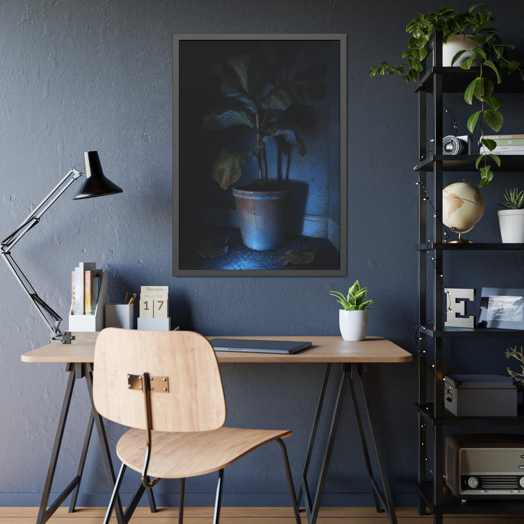 A dying potted plant in a corner washed in blue television light. The Television Hours by Garabaggio, framed fine art print hanging in a room.