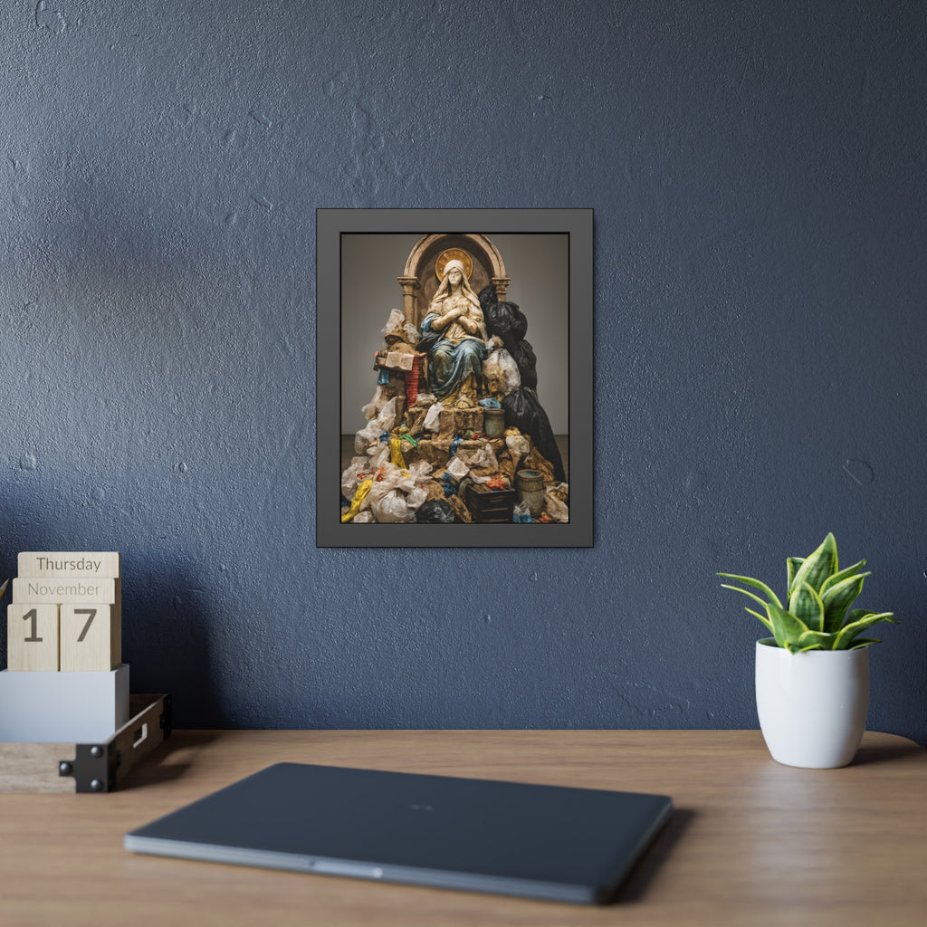 A robed statue on a mound of garbage bags in a gallery. The Immaculate Collection by Garabaggio, framed fine art print hanging in a room.
