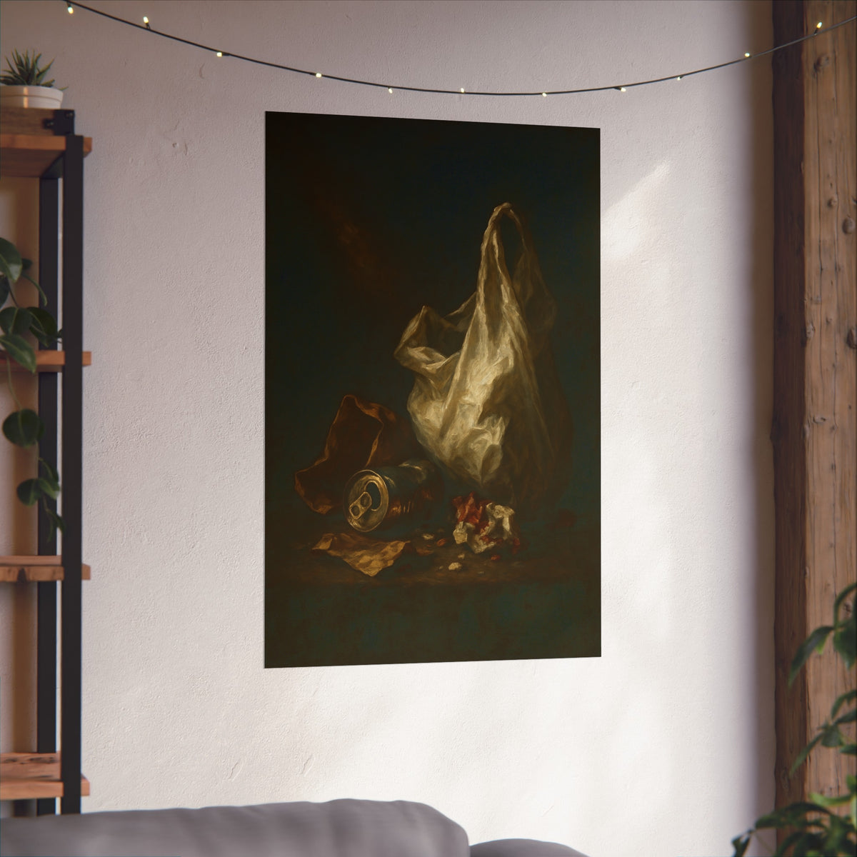 A white plastic bag standing upright in a shaft of light. The Annunciation of the Plastic Bag by Garabaggio, fine art print hanging in a room.