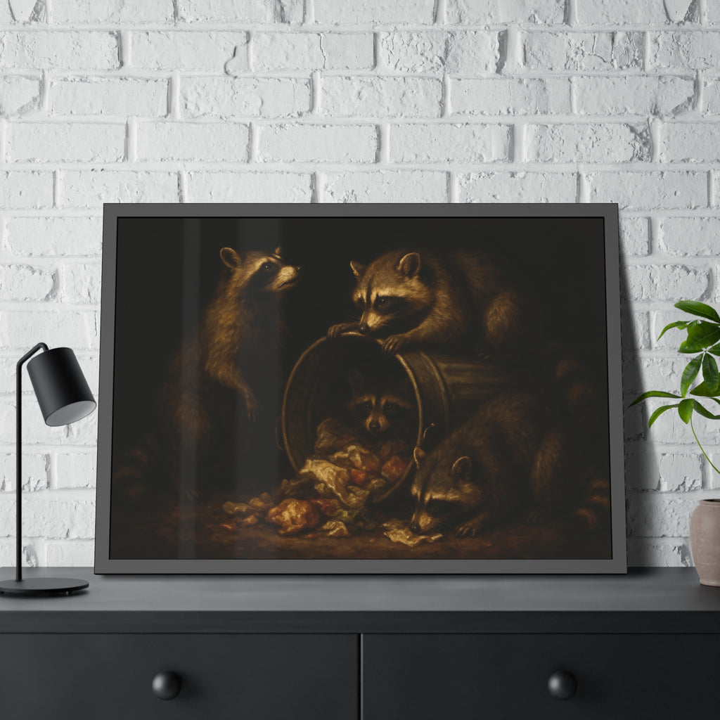 Four raccoons around a tipped metal trash can spilling food scraps. The Crowning with Crumbs by Garabaggio, framed fine art print hanging in a room.