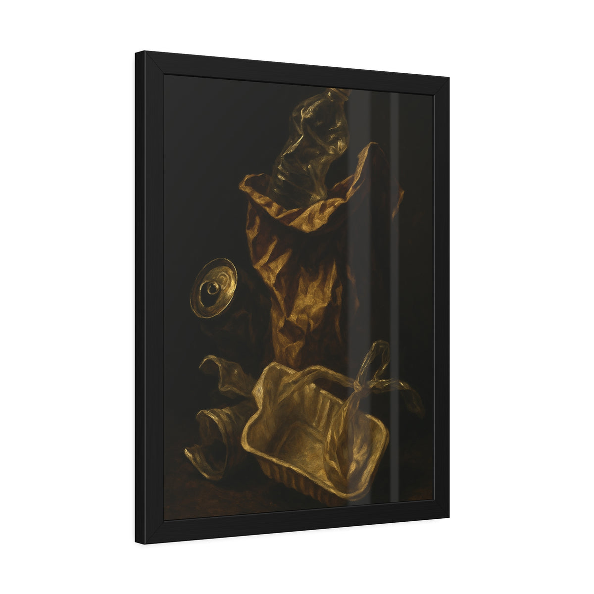 A paper bag, crushed bottle and foil tray lit against deep darkness. Reliquary of the Takeout by Garabaggio, framed fine art print hanging in a room.