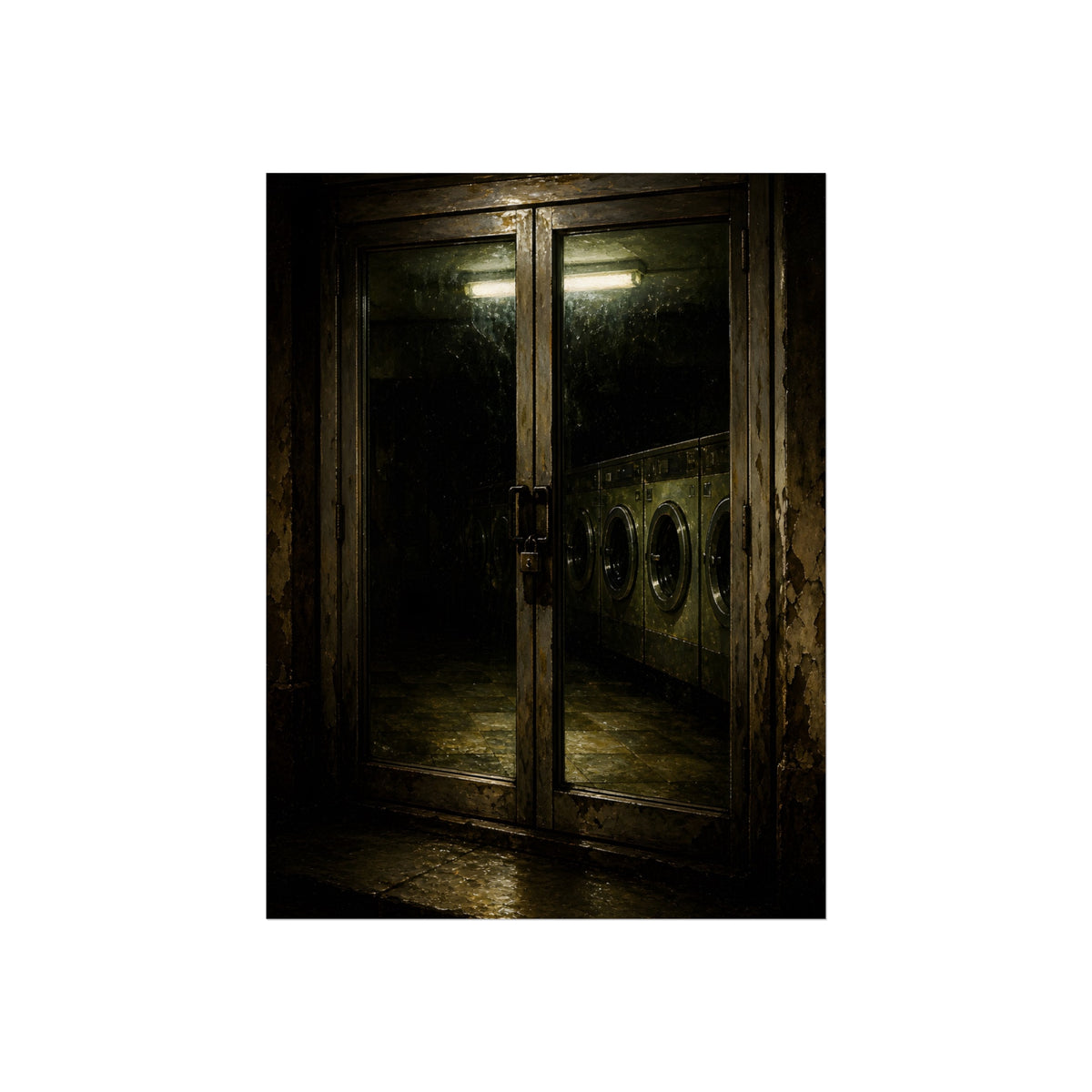 Glass laundromat doors at night with washers lit by a fluorescent tube. The Doors at Midnight by Garabaggio, fine art print, 12″ x 16″.