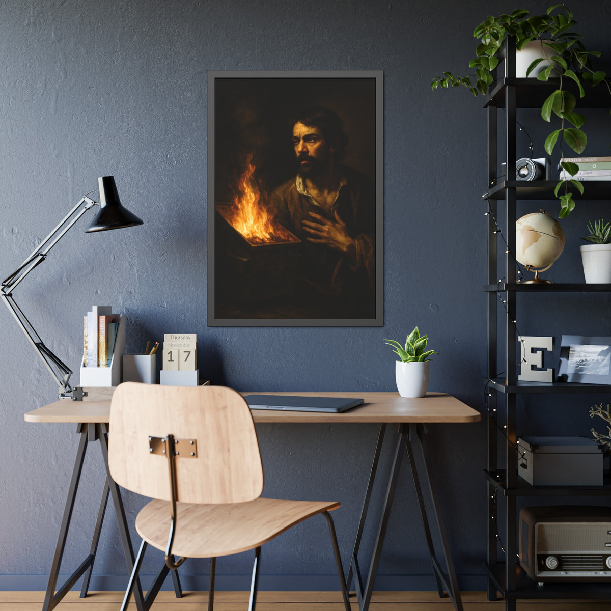 Man with a hand flat on his chest looking toward a low burning bin. Self-Portrait with Oath by Garabaggio, framed fine art print hanging in a room.