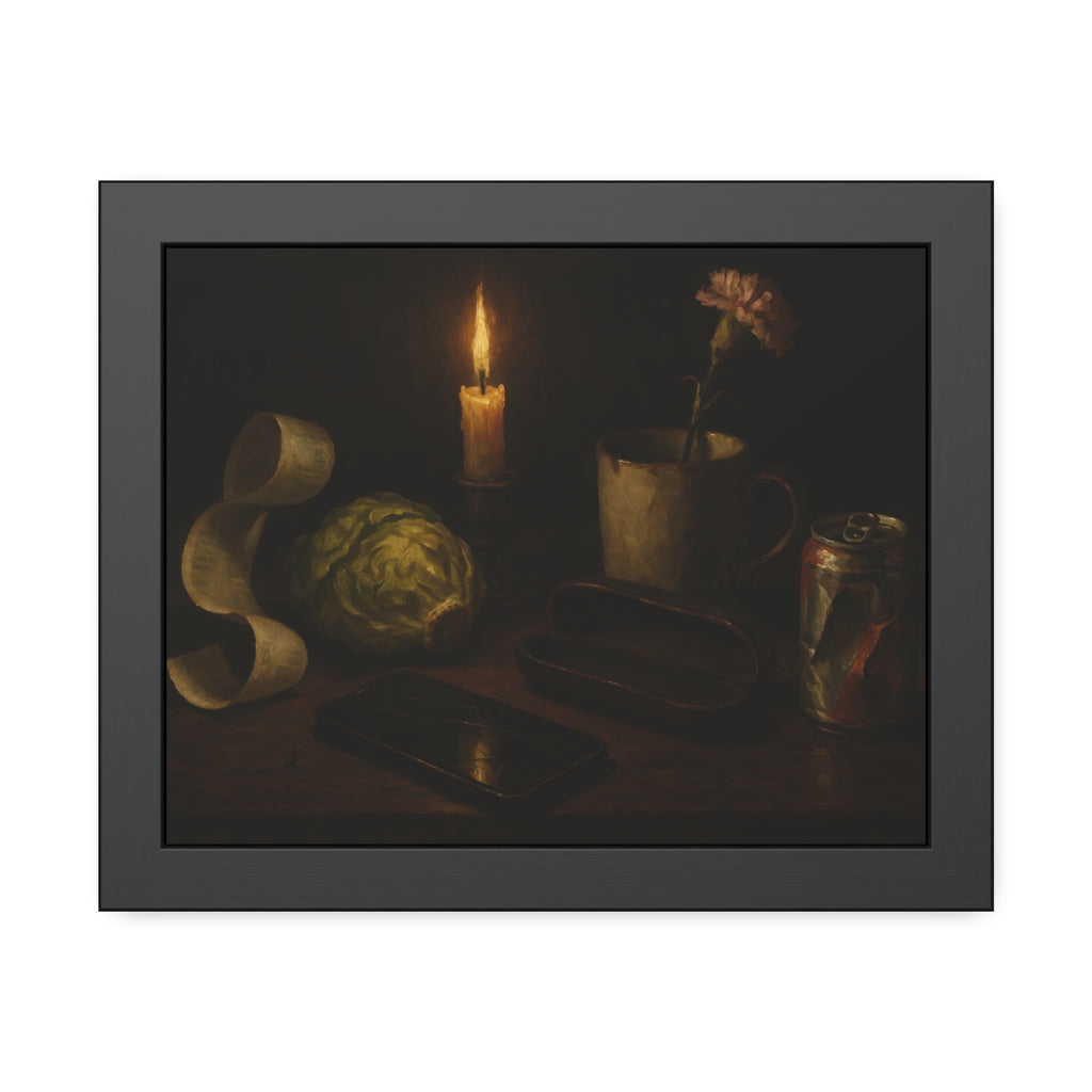 A candle, lettuce head, curled receipt and can on a dim table. Vanitas with Receipts and Wilted Lettuce by Garabaggio, framed fine art print, 14″ x 11″.