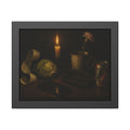 A candle, lettuce head, curled receipt and can on a dim table. Vanitas with Receipts and Wilted Lettuce by Garabaggio, framed fine art print, 14″ x 11″.