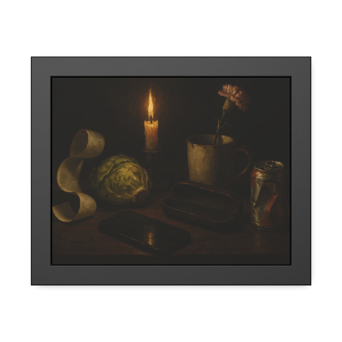 A candle, lettuce head, curled receipt and can on a dim table. Vanitas with Receipts and Wilted Lettuce by Garabaggio, framed fine art print, 14″ x 11″.