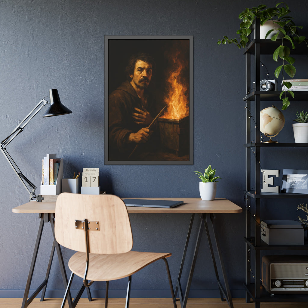 Man holding a long wooden stick, hand on chest, before a burning bin. Self-Portrait with Mahlstick by Garabaggio, framed fine art print hanging in a room.