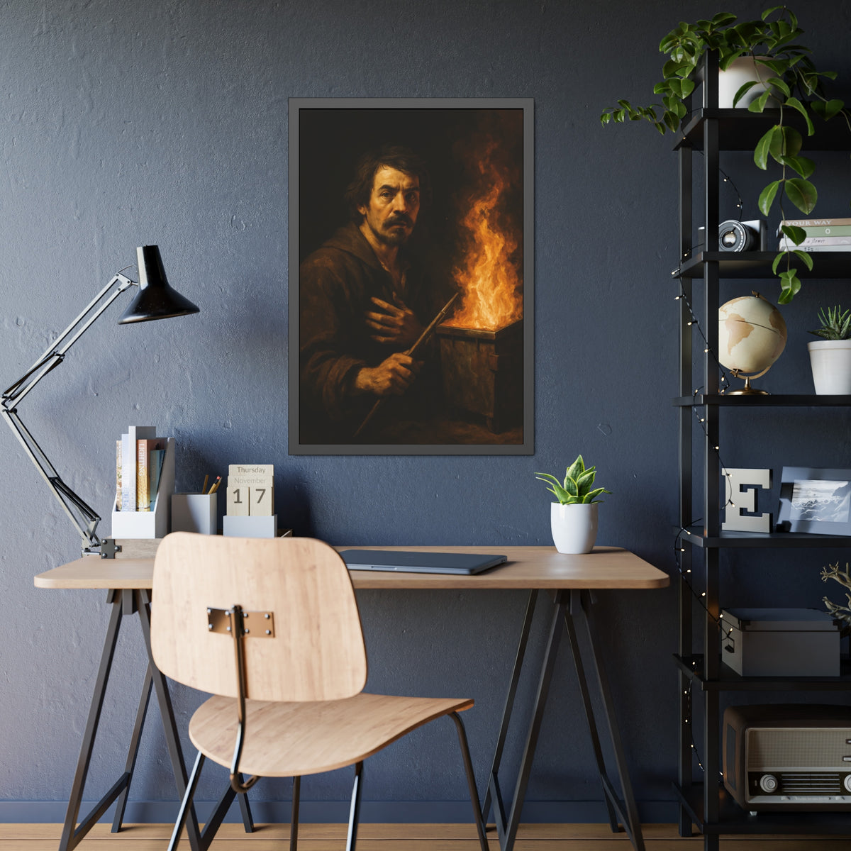 Man holding a long wooden stick, hand on chest, before a burning bin. Self-Portrait with Mahlstick by Garabaggio, framed fine art print hanging in a room.