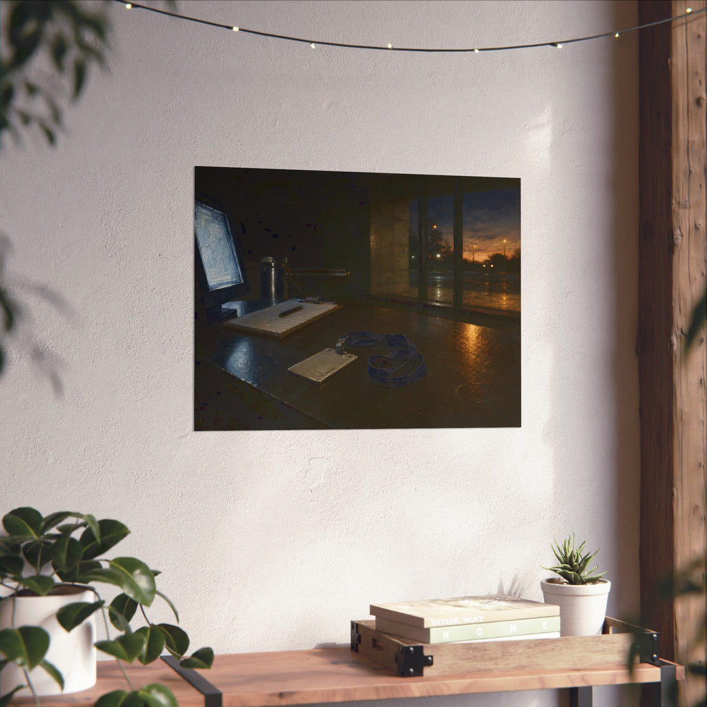 An ID badge and lanyard left on a security desk beside a lit monitor. The Badge on the Security Desk by Garabaggio, fine art print hanging in a room.