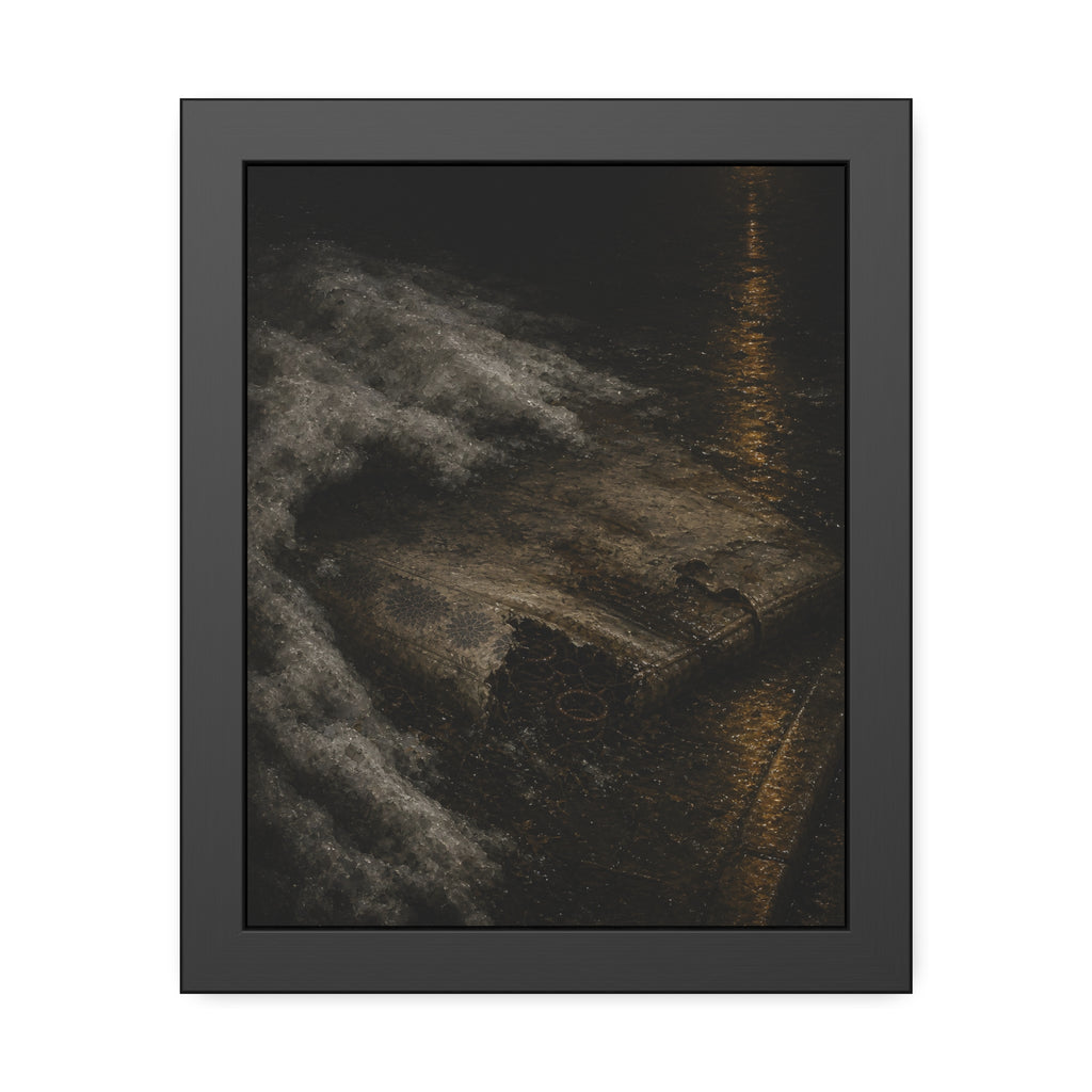 A soaked mattress in melting snow at the curb beside a wet street. The Thaw by Garabaggio, framed fine art print, 11″ x 14″.