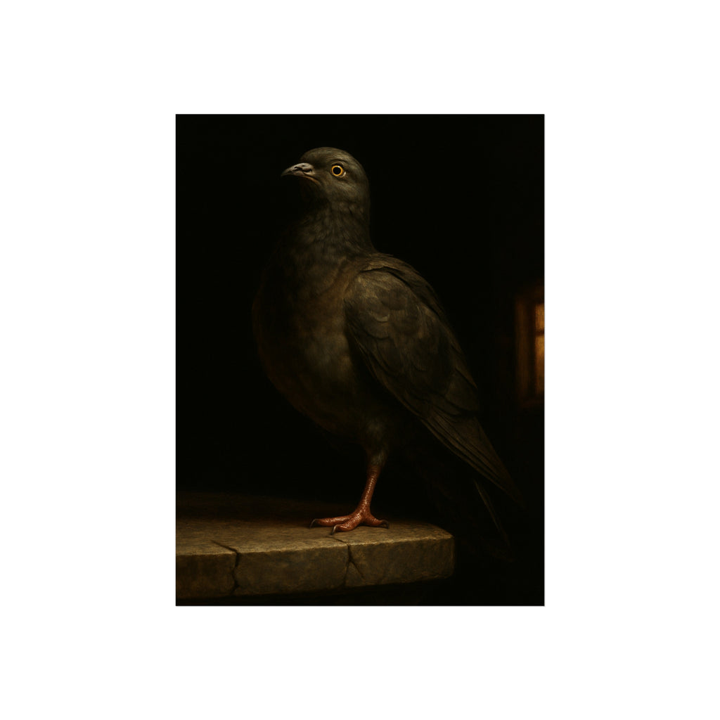 A pigeon standing on a cracked stone ledge in near darkness. The Martyrdom of the One-Legged Saint by Garabaggio, fine art print hanging in a room.