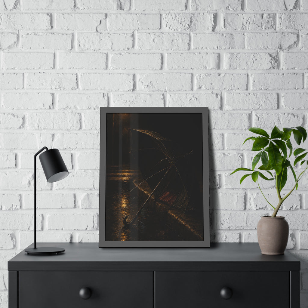 An open umbrella with bent ribs on a wet curb under a street lamp. The Presentation at the Crosswalk by Garabaggio, framed fine art print hanging in a room.
