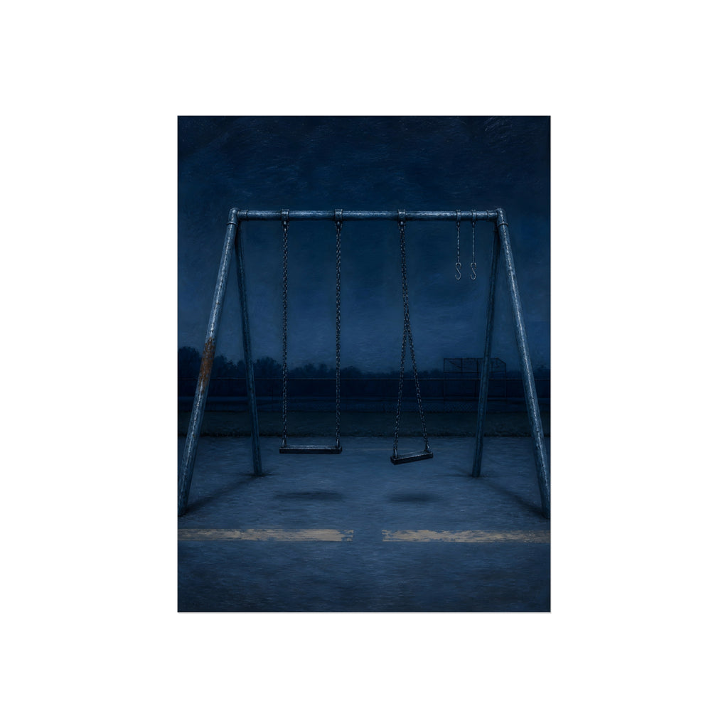 A swing set with two seats and two bare hooks in blue predawn light. The Fifth Hour: The Blue Before by Garabaggio, fine art print, 12″ x 16″.