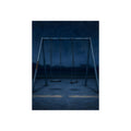 A swing set with two seats and two bare hooks in blue predawn light. The Fifth Hour: The Blue Before by Garabaggio, fine art print, 12″ x 16″.