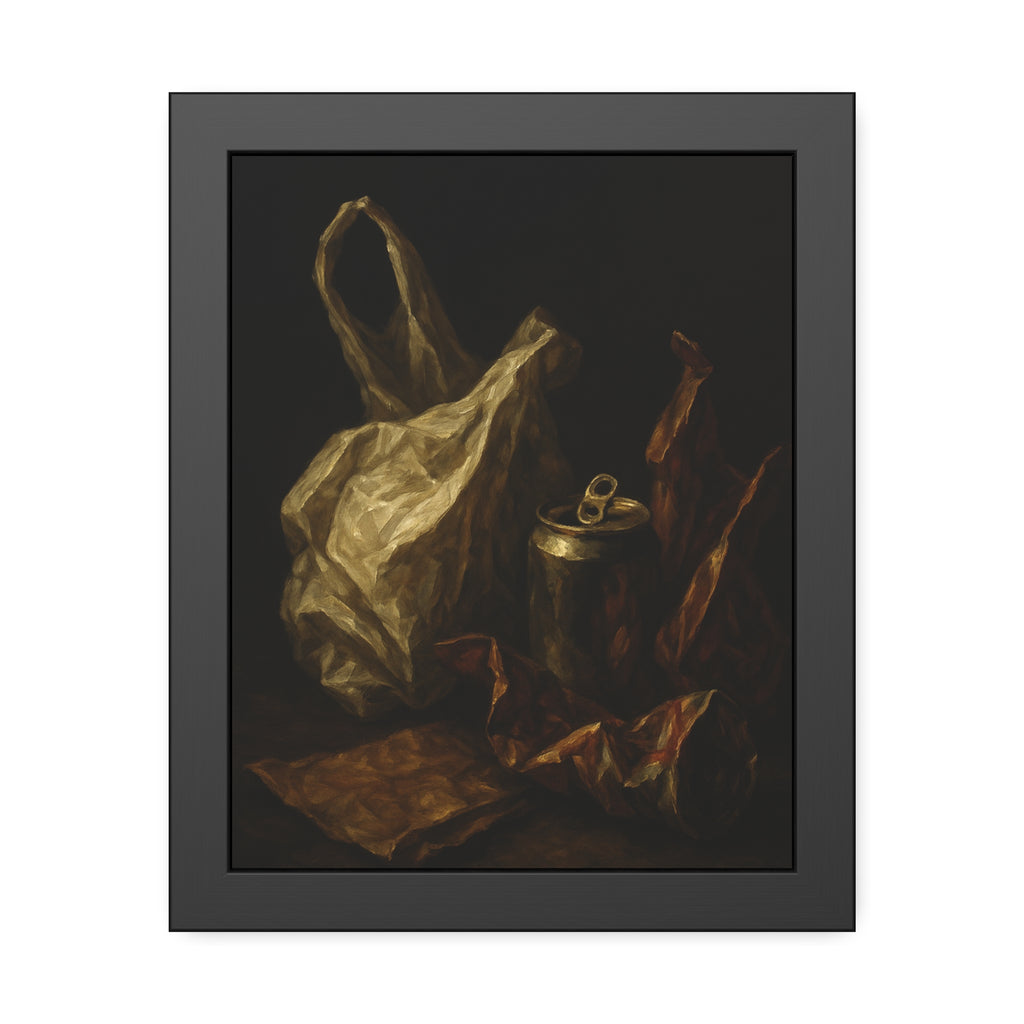 A crumpled plastic bag, crushed can and foil wrappers on a dark table. The Pietà of the Deflated by Garabaggio, framed fine art print, 11″ x 14″.