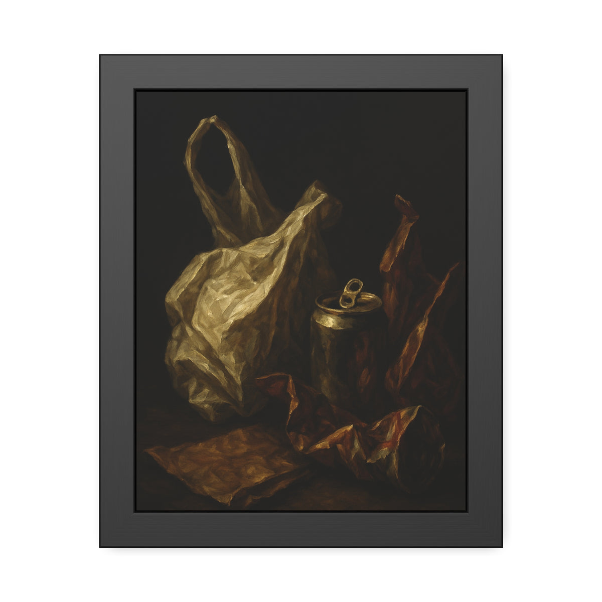 A crumpled plastic bag, crushed can and foil wrappers on a dark table. The Pietà of the Deflated by Garabaggio, framed fine art print, 11″ x 14″.