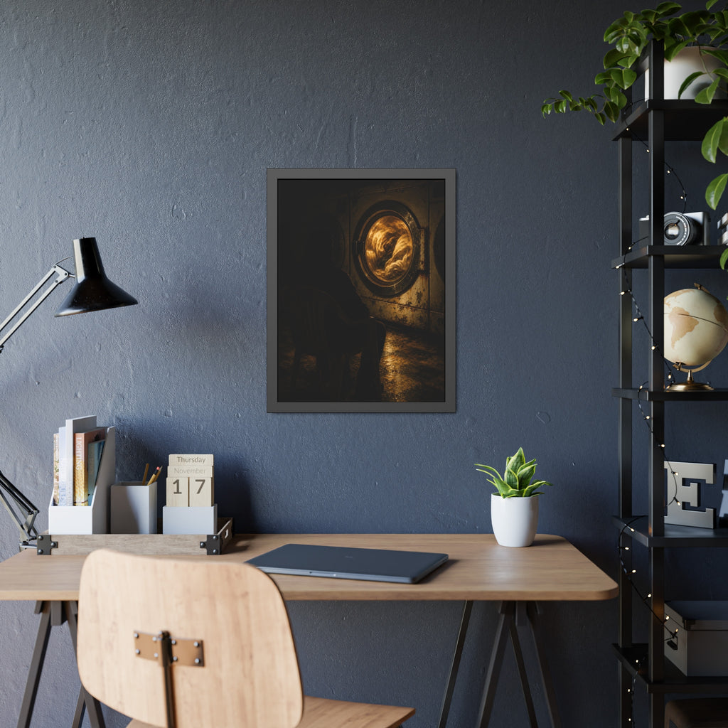 A person seated in a plastic chair facing a lit dryer drum. The Watcher in the Plastic Chair by Garabaggio, framed fine art print hanging in a room.