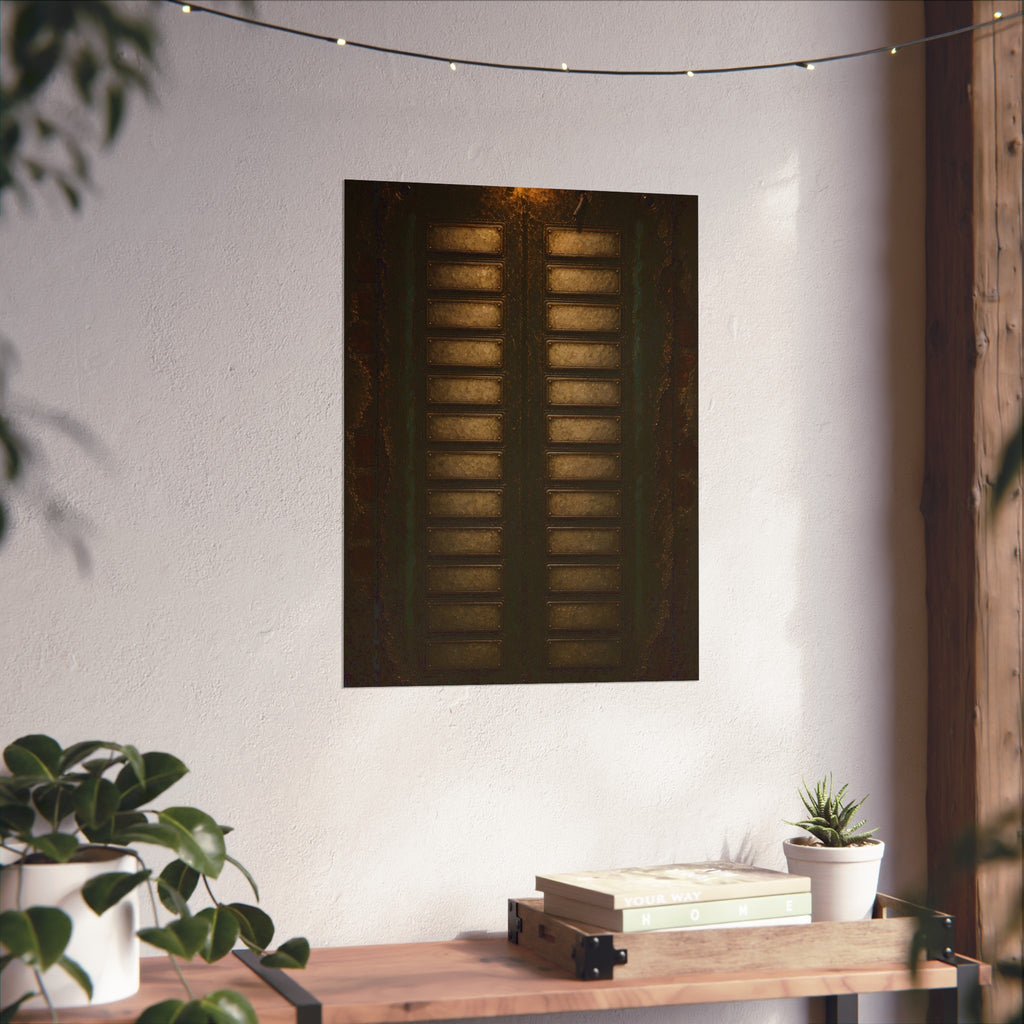 An intercom panel of blank name slots on a weathered building wall. The Names Behind Brass by Garabaggio, fine art print hanging in a room.