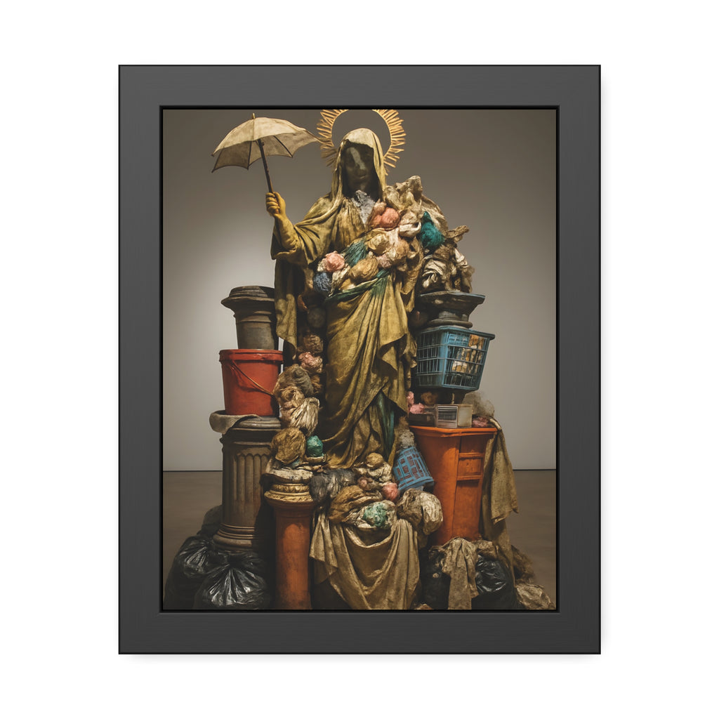 Robed figure with a halo and umbrella rising from trash bags and crates. Our Lady of Perpetual Shelter by Garabaggio, framed fine art print, 11″ x 14″.
