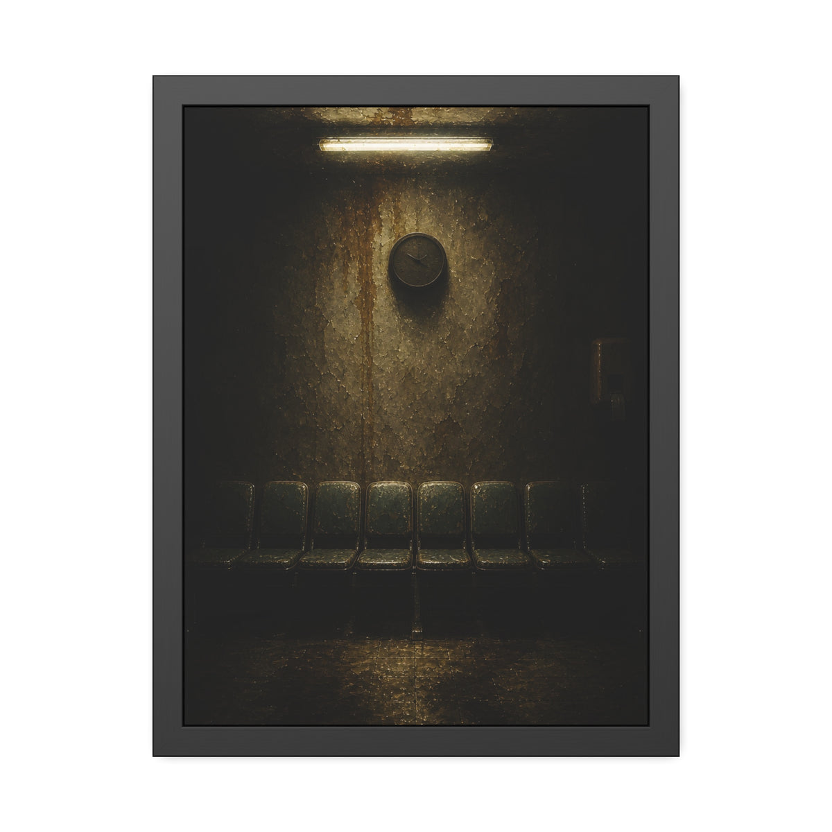 Empty waiting room seats below a stained wall clock and a strip light. Afternoon Without Movement by Garabaggio, framed fine art print, 18″ x 24″.