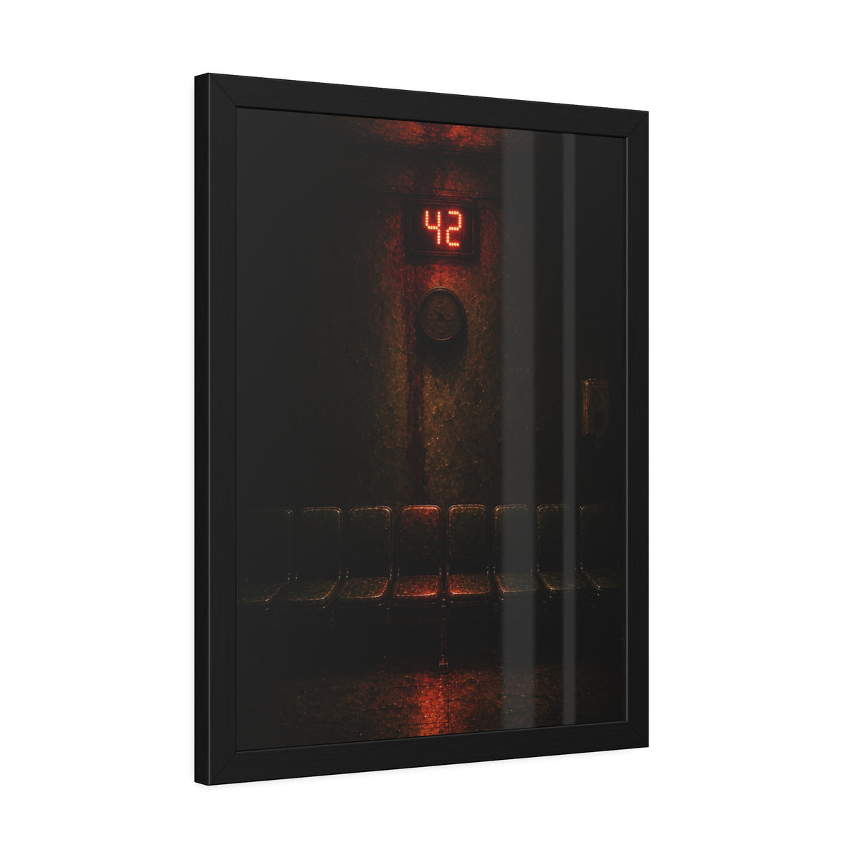 A red number display glowing above an empty row of waiting room chairs. The Number Called at Last by Garabaggio, framed fine art print hanging in a room.