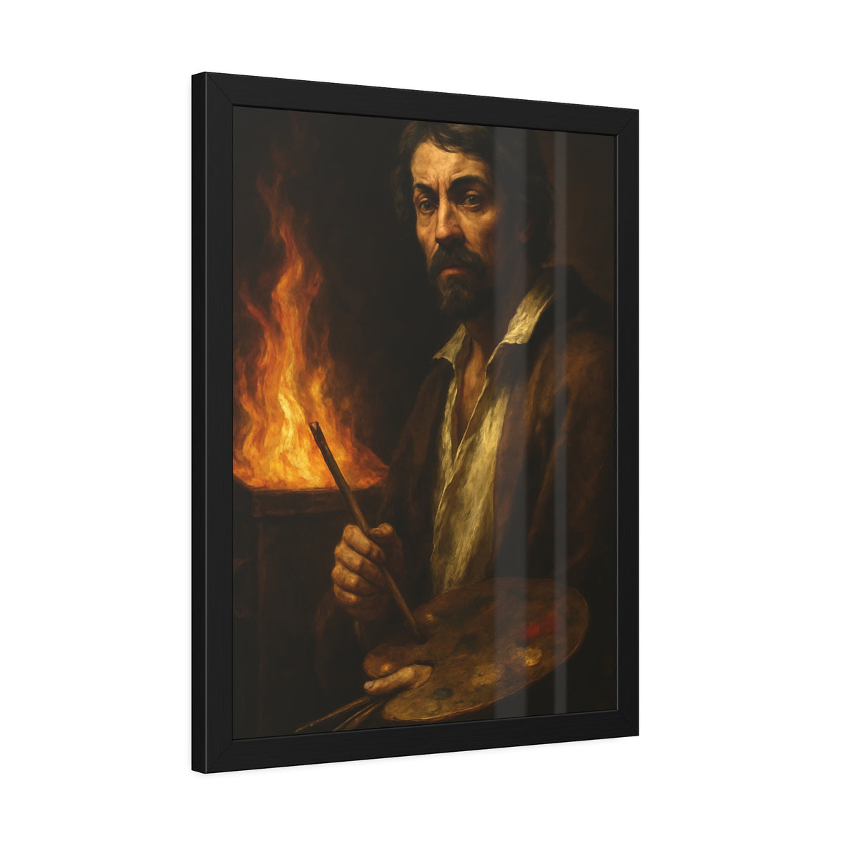 Man holding a palette and brushes, a fire behind him. Self-Portrait with Palette (After Caravaggio) by Garabaggio, framed fine art print hanging in a room.