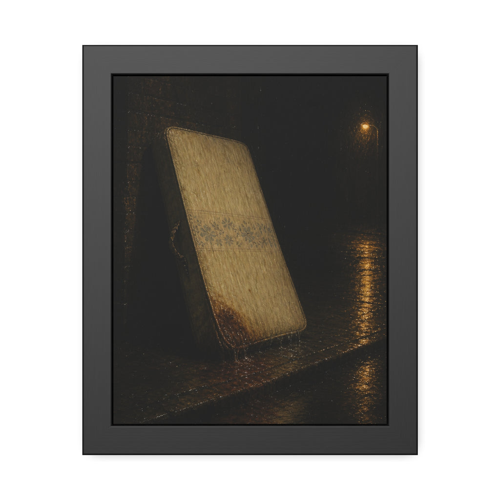 A stained mattress leaning against a wall in rain under a streetlamp. The First Rain by Garabaggio, framed fine art print, 11″ x 14″.