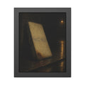 A stained mattress leaning against a wall in rain under a streetlamp. The First Rain by Garabaggio, framed fine art print, 11″ x 14″.