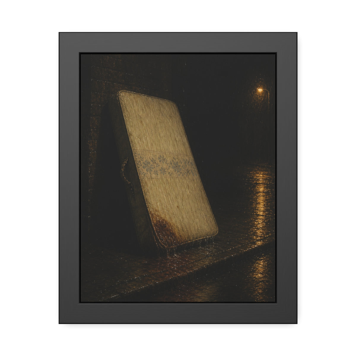 A stained mattress leaning against a wall in rain under a streetlamp. The First Rain by Garabaggio, framed fine art print, 11″ x 14″.