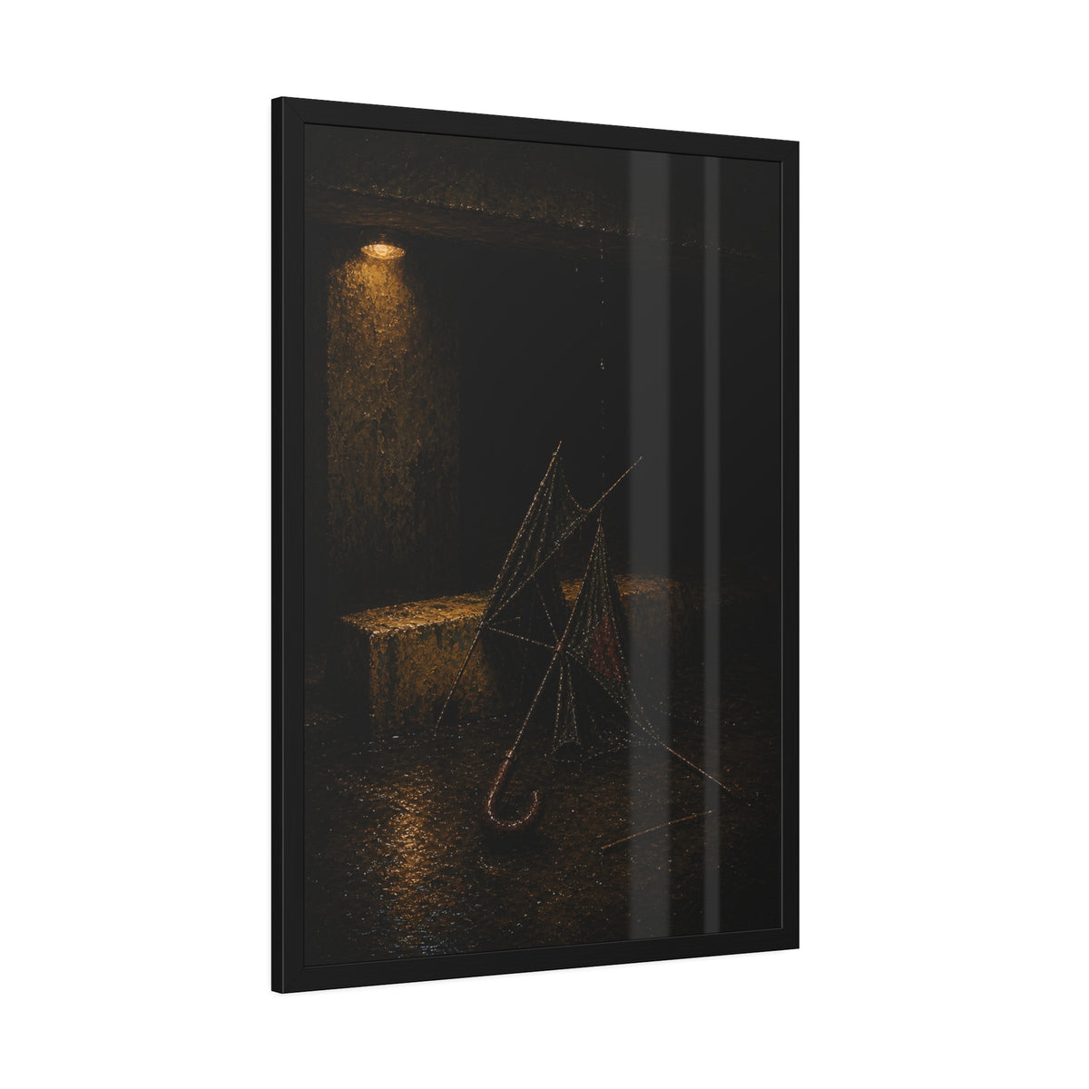 A broken umbrella collapsed on wet ground below a loading dock lamp. The Vigil Beneath the Loading Dock by Garabaggio, framed fine art print hanging in a room.